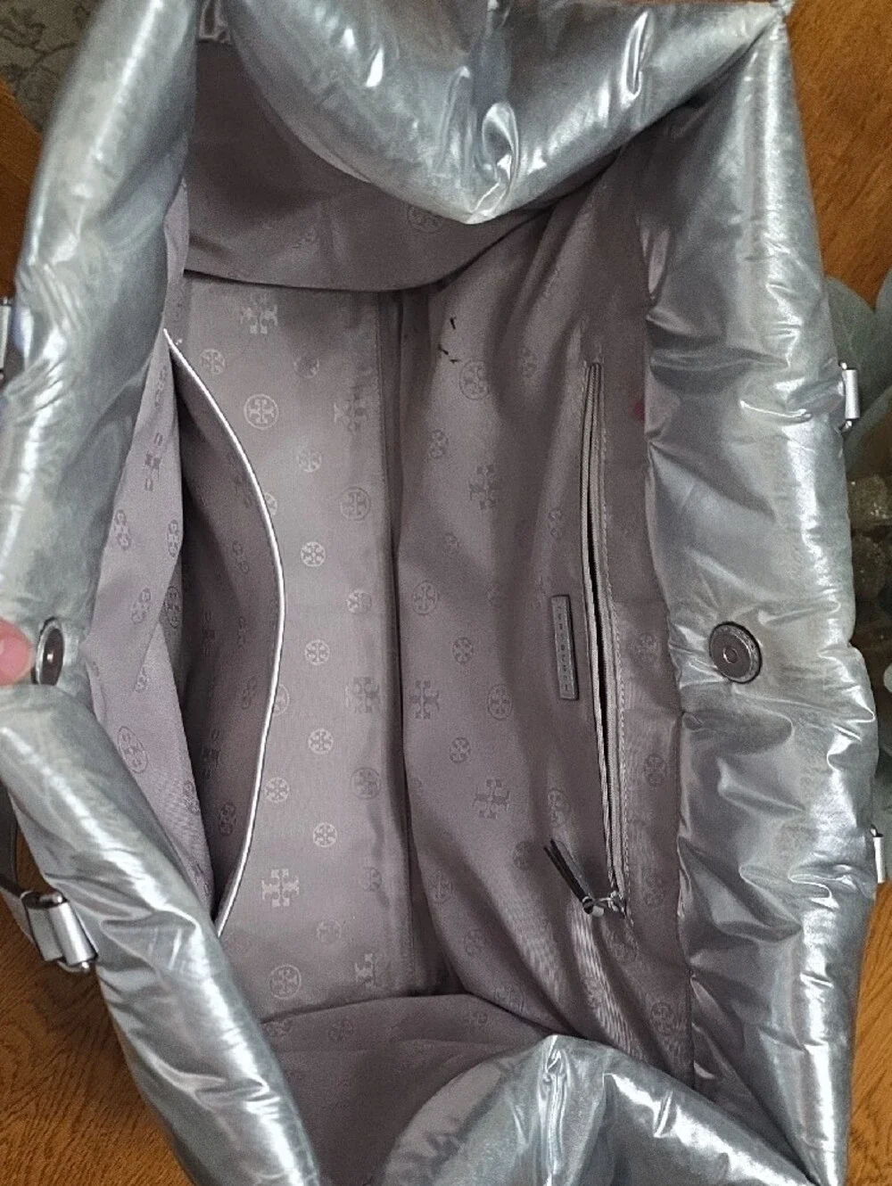 Tory Burch Metallic Silver Quilted Puffer Tote